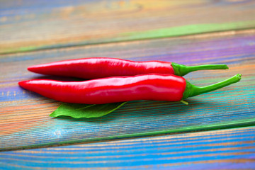 Red ripe chili peppers on a multicolored background