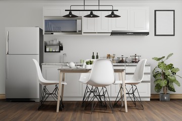 minimal white kitchen and dining room interior design, 3D rendering background