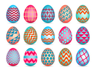 Happy Easter collection. Set of surround realistic colorful Easter eggs with different geometric ornament on white background. 3d vector Illustration. For spring holiday greeting card, poster, flyer