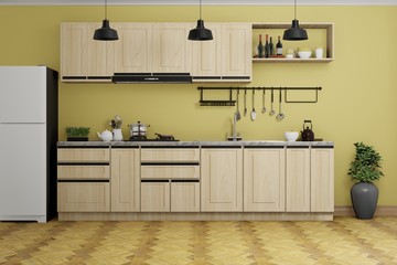 interior design of modern yellow kitchen, 3d render background