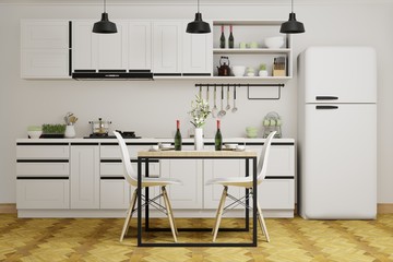 modern interior of white kitchen and dining room, 3d rendering background