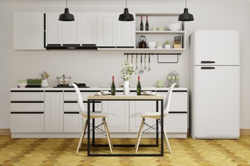 Fototapeta premium modern interior of white kitchen and dining room, 3d rendering background