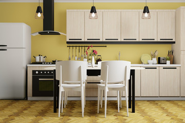 modern interior design of yellow dining room and kitchen, 3d rendering background