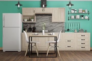 modern kitchen with green wall, interior design, 3d render illustration