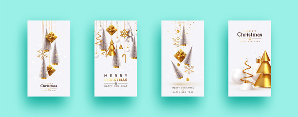 Christmas set of backgrounds, greeting cards, web posters, holiday covers. Design with realistic New Year's eve, Christmas trees and gifts box. Xmas templates for social networks, social media story
