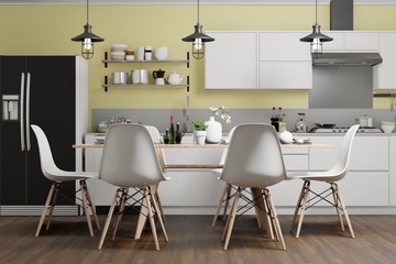 modern yellow kitchen and dining room interior design, illustration 3d rendering