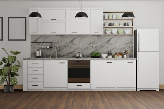 interior of modern classic kitchen with white furniture, 3d rendering