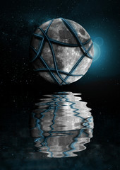 Surrealist background with moon tied by neon strings, reflected in the water © Buso87
