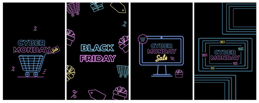 Black Friday deal. Cyber Monday Sale. Online shopping , internet ads in neon style. E-commerce. Slashing price. Set of promotional banners
