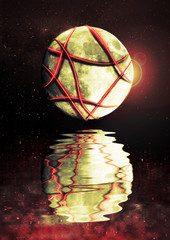 Surrealist background with moon tied by neon strings, reflected in the water © Buso87