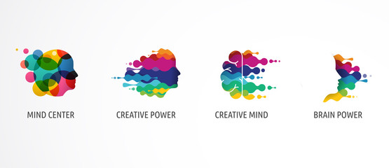 Fototapeta Brain, Creative mind, learning and design icons, logos. Man head, people symbols obraz