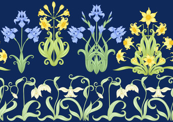 Fototapeta na wymiar Spring flowers. Narcissus, Iris, lily of the valley, may-lily, Seamless pattern, background. Vector illustration. In art nouveau style, vintage, old, retro style. On navy blue background..