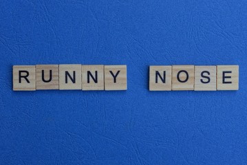 Obraz premium phrase runny nose of brown wooden letters lies on a blue table