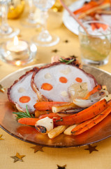 Bacon Wrapped Pork Roast with Garlic, Onion  and Root Vegetables. Holiday Dinner.