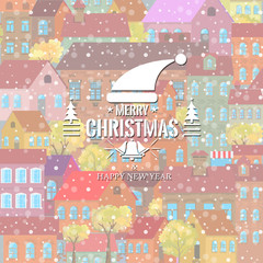 Seamless pattern with decorative colorful houses hand drawn style. Christmas and New Year holidays cover. Vector illustration.