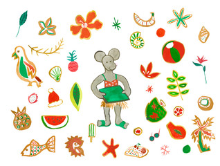 Set with watercolor Mom mouse  in chaise,sunglasses,pineapple,strelitzia,dragon fruit,octopus,tropical flowers,ball,parrot,shells,hat, grapefruit. An illustration of a tropical Christmas holiday.