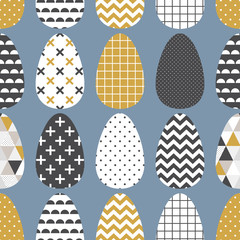 Scandinavian easter eggs seamless pattern with geometric tribal ornament in black, white and gold colors of ethnic patterns