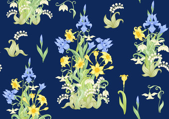 Spring flowers. Narcissus, Iris, lily of the valley, may-lily, Seamless pattern, background. Vector illustration. In art nouveau style, vintage, old, retro style. On navy blue background..