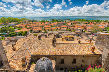A view from the Castle in Bolsena on the olt town and Bolsena lake, Italy.