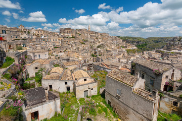 Fototapeta na wymiar Panoramic view to the town of Matera in Italy with historic buildings, Apulia, Italy.