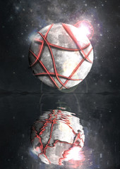 Surrealist background with moon tied by neon strings, reflected in the water © Buso87