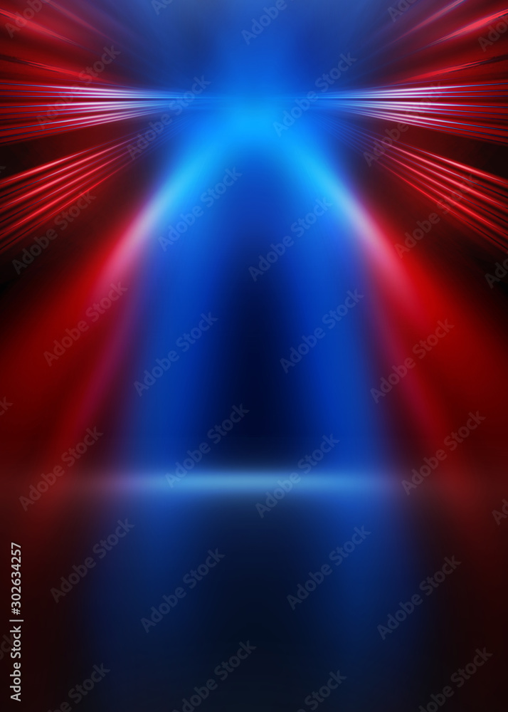 Aufkleber Empty show scene background. Reflection of a dark street on wet asphalt. Rays of red and blue neon light in the dark, neon shapes, smoke. Abstract dark background.