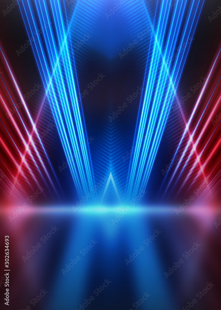 Poster empty show scene background. reflection of a dark street on wet asphalt. rays of red and blue neon l