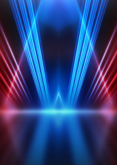 Empty show scene background. Reflection of a dark street on wet asphalt. Rays of red and blue neon light in the dark, neon shapes, smoke. Abstract dark background.