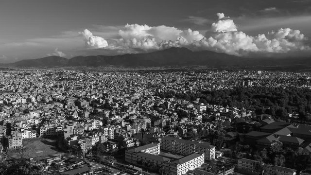 Kathmandu Cityscape, Aerial Time-lapse. Nepal Capital Timelapse at Sunrise. Sky and Skyline from Monkey Temple. black and white