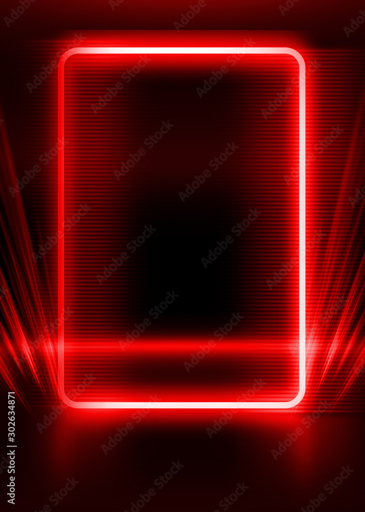 Poster Empty show scene background. Reflection of a dark street on wet asphalt. Rays of red neon light in the dark, neon shapes, smoke. Abstract dark background.