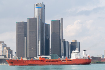 View of Detroit skyline with a ship from Windsor, Ontario