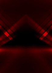 Empty show scene background. Reflection of a dark street on wet asphalt. Rays of red neon light in...