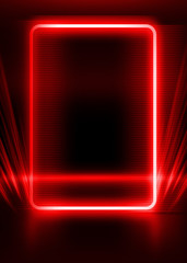 Empty show scene background. Reflection of a dark street on wet asphalt. Rays of red neon light in the dark, neon shapes, smoke. Abstract dark background. - 302634871