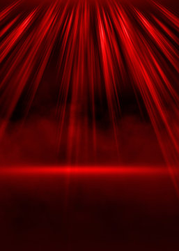 Empty Show Scene Background. Reflection Of A Dark Street On Wet Asphalt. Rays Of Red Neon Light In The Dark, Neon Shapes, Smoke. Abstract Dark Background.