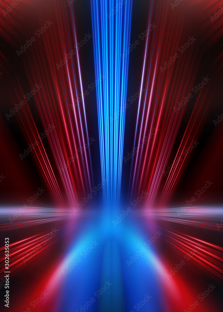 Poster empty show scene background. reflection of a dark street on wet asphalt. rays of red and blue neon l