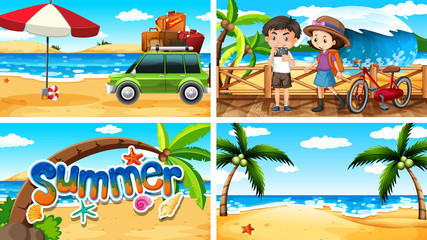 Four background scenes with summer on the beach