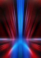Empty show scene background. Reflection of a dark street on wet asphalt. Rays of red and blue neon light in the dark, neon shapes, smoke. Abstract dark background. - 302635053