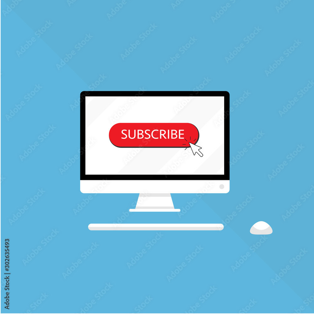 Poster close up shot of mouse cursor clicking subscribe button. 3d illustration. on the monitor pc screen m