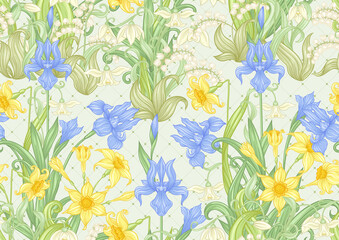 Spring flowers. Narcissus, Iris, lily of the valley, may-lily, Seamless pattern, background. Vector illustration. In art nouveau style, vintage, old, retro style. On soft green background..