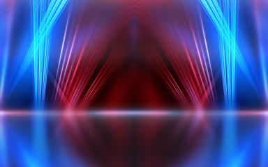 Empty show scene background. Reflection of a dark street on wet