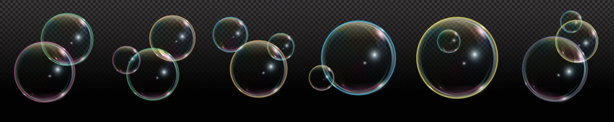 Soap bubble with rainbow reflection on transparent background.Set of foam bubble, great design for any purposes.