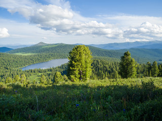 Fototapeta na wymiar View of Svetloye Lake in Ergaki Nature Park. Siberian taiga Western Sayan