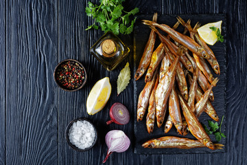 cold smoked smelts, top view, flat lay