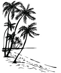 Summer beach with palm trees; hand drawn Sketch illustration of palm trees and sea view