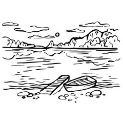 Sketch hand drawn landscape. Boat on river, lake.