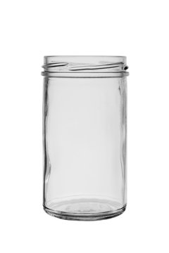 Opened glass jar without cover on a white background