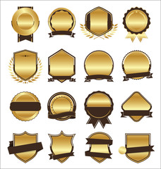 Collection of golden flat shields badges and labels retro style