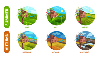 Icons Of Six Months Of The Year, Autumn And Summer Seasons Vector Illustration Set Isolated On White Background