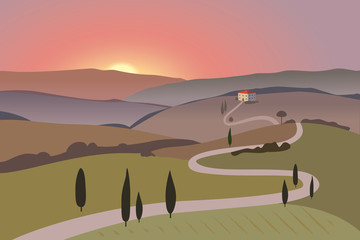 Rural landscape with mountains and hills. Sunset. Tuscany, outdoor recreation background.