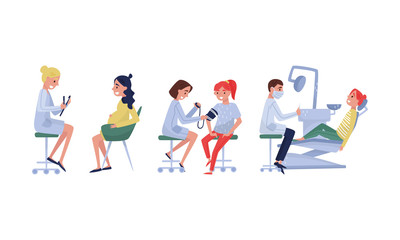 People Undergoing Medical Examination At Different Doctors Vector Illustration Set Isolated On White Background